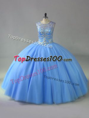 Elegant Blue Sleeveless Tulle Lace Up Ball Gown Prom Dress for Sweet 16 and Quinceanera