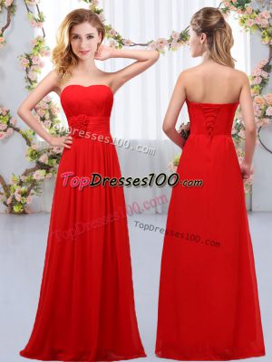 Gorgeous Floor Length Red Quinceanera Court Dresses Chiffon Sleeveless Hand Made Flower
