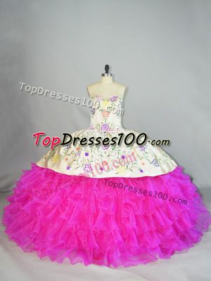 Decent Lace Up Sweet 16 Quinceanera Dress Fuchsia for Sweet 16 and Quinceanera with Embroidery and Ruffled Layers