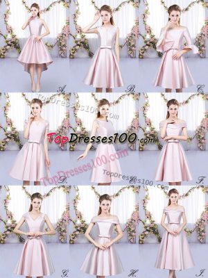 Sleeveless Satin High Low Lace Up Quinceanera Court Dresses in Baby Pink with Ruching