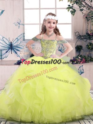Super Yellow Green Sleeveless Floor Length Beading and Ruffles Lace Up Little Girls Pageant Gowns