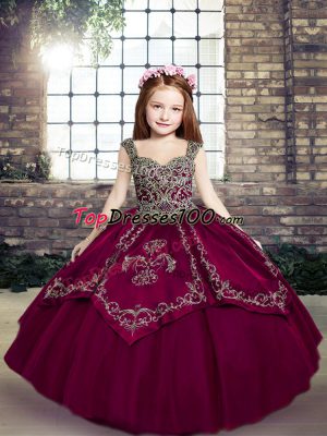 Fuchsia Tulle Lace Up Straps Sleeveless Floor Length Little Girls Pageant Dress Wholesale Embroidery