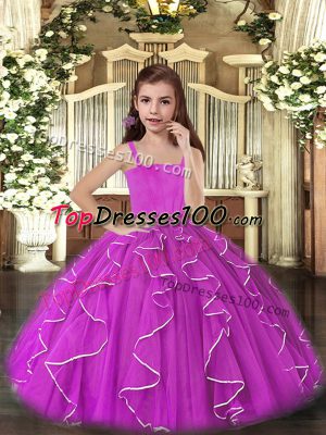 Straps Sleeveless Pageant Gowns For Girls Floor Length Ruffles Purple Tulle