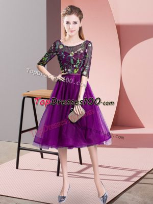 Graceful Purple Court Dresses for Sweet 16 Wedding Party with Embroidery Scoop Half Sleeves Lace Up