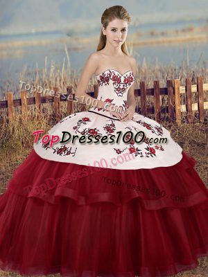 White And Red Tulle Lace Up Sweet 16 Quinceanera Dress Sleeveless Floor Length Embroidery and Bowknot
