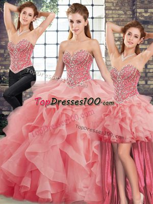 Hot Selling Lace Up Vestidos de Quinceanera Watermelon Red for Military Ball and Sweet 16 and Quinceanera with Beading and Ruffles Brush Train