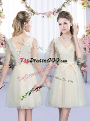 Best Selling Sleeveless Mini Length Bowknot Lace Up Dama Dress for Quinceanera with Champagne