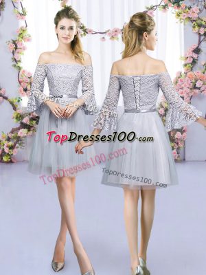 Custom Made Mini Length Grey Dama Dress Off The Shoulder 3 4 Length Sleeve Lace Up