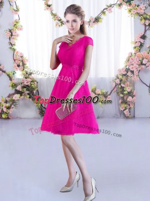Hot Pink Lace Lace Up Quinceanera Court of Honor Dress Cap Sleeves Mini Length Lace