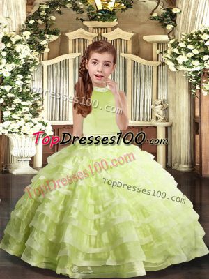 Customized Beading and Ruffled Layers Little Girl Pageant Gowns Yellow Green Backless Sleeveless Floor Length