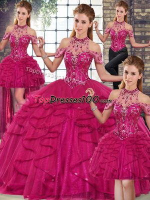 Most Popular Fuchsia Ball Gowns Halter Top Sleeveless Tulle Floor Length Lace Up Beading and Ruffles 15th Birthday Dress
