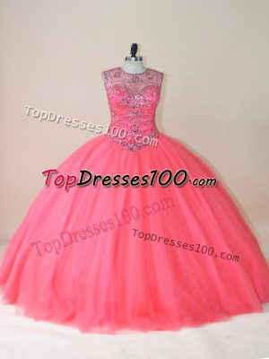 Most Popular Floor Length Watermelon Red Quince Ball Gowns Scoop Sleeveless Lace Up