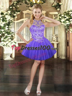 Attractive Ball Gowns Prom Party Dress Lavender Halter Top Tulle Sleeveless Mini Length Lace Up