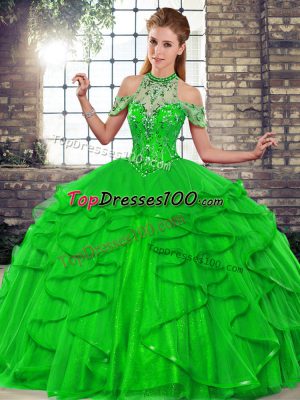 Green Ball Gowns Halter Top Sleeveless Tulle Floor Length Lace Up Beading and Ruffles 15 Quinceanera Dress