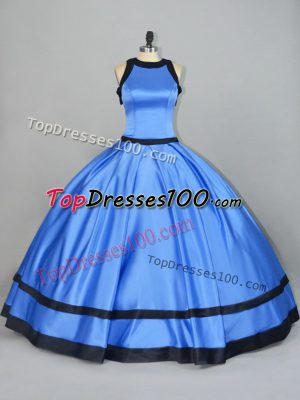 Latest Sleeveless Satin Floor Length Lace Up Quinceanera Gowns in Blue with Ruching