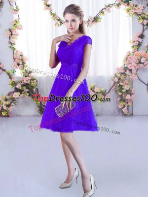 Best Selling Purple Cap Sleeves Lace Mini Length Bridesmaid Gown