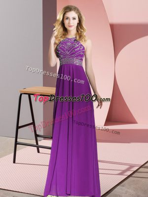 Purple Sleeveless Floor Length Beading Backless Homecoming Dress