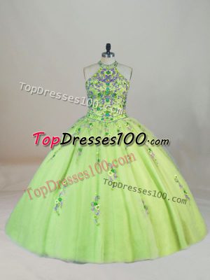 Embroidery Quinceanera Dress Yellow Green Lace Up Sleeveless Brush Train