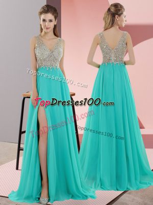 Great Turquoise Chiffon Zipper Sleeveless Sweep Train Beading