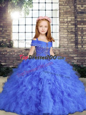 Straps Sleeveless Little Girls Pageant Dress Wholesale Floor Length Beading and Ruffles Blue Tulle