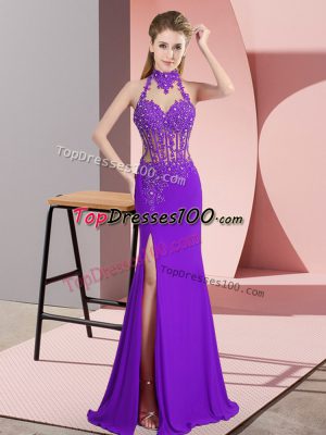 Dazzling Halter Top Sleeveless Homecoming Dress Floor Length Beading Purple Chiffon