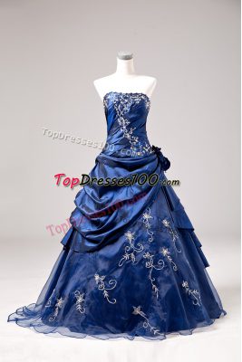 One Shoulder Sleeveless Lace Up Embroidery and Hand Made Flower 15th Birthday Dress in Blue