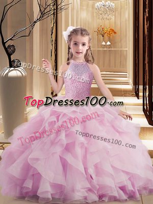 Lilac Tulle Lace Up High-neck Sleeveless Floor Length Little Girls Pageant Dress Beading and Ruffles