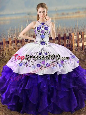Sleeveless Organza Floor Length Lace Up Vestidos de Quinceanera in White And Purple with Embroidery and Ruffles