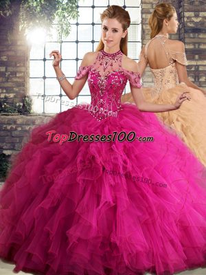 Trendy Fuchsia Ball Gowns Tulle Halter Top Sleeveless Beading and Ruffles Floor Length Lace Up 15 Quinceanera Dress