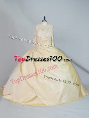 Yellow Long Sleeves Brush Train Lace Quinceanera Dress