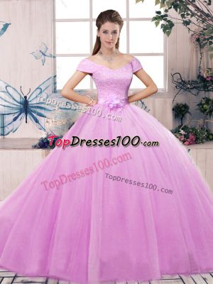 Lilac Tulle Lace Up Quinceanera Dress Short Sleeves Floor Length Lace and Hand Made Flower