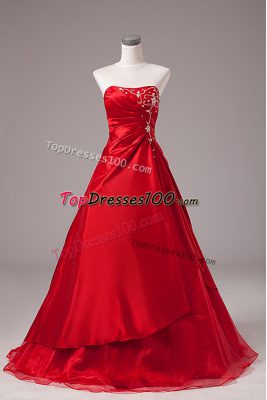 Wine Red A-line Organza Strapless Sleeveless Beading and Embroidery Floor Length Lace Up 15th Birthday Dress