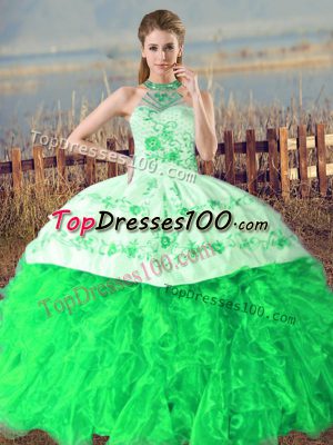 Custom Designed Green Organza Lace Up Halter Top Sleeveless Ball Gown Prom Dress Court Train Embroidery and Ruffles