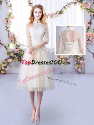 Simple Half Sleeves Lace Up Tea Length Lace Quinceanera Court of Honor Dress