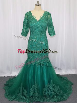Exceptional Green V-neck Lace Up Lace and Appliques Prom Party Dress Brush Train Half Sleeves