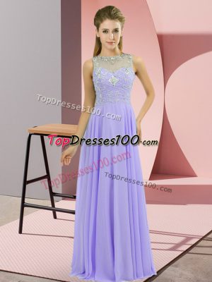 Lavender Sleeveless Floor Length Beading Zipper Prom Gown