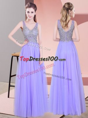 Fitting Lavender Zipper Prom Evening Gown Beading Sleeveless Floor Length
