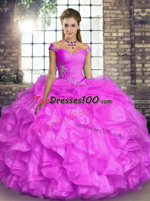 Lilac Lace Up Vestidos de Quinceanera Beading and Ruffles Sleeveless Floor Length