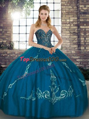 Sweet Blue Sleeveless Floor Length Beading and Embroidery Lace Up 15th Birthday Dress