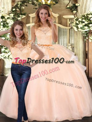 High End Peach Two Pieces Lace 15 Quinceanera Dress Zipper Organza Sleeveless Floor Length