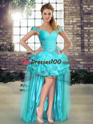 Elegant A-line Pageant Dress Toddler Aqua Blue Off The Shoulder Organza Sleeveless High Low Lace Up