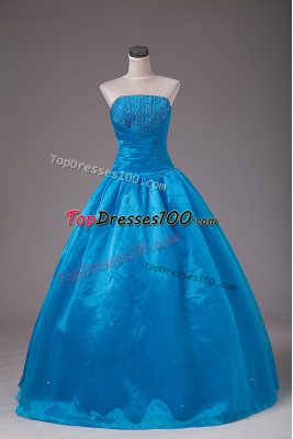 Ball Gowns 15th Birthday Dress Blue Strapless Organza Sleeveless Floor Length Lace Up