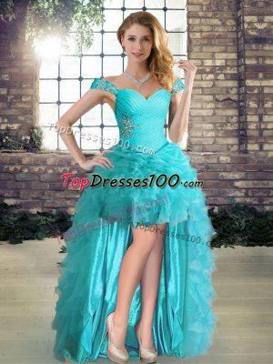 Perfect Sleeveless Lace Up High Low Beading and Ruffles Club Wear