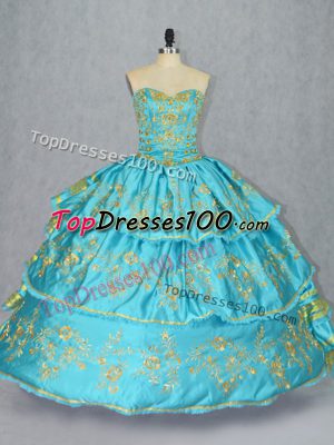 Trendy Baby Blue Ball Gowns Sweetheart Sleeveless Satin and Organza Floor Length Lace Up Embroidery and Ruffled Layers Sweet 16 Quinceanera Dress