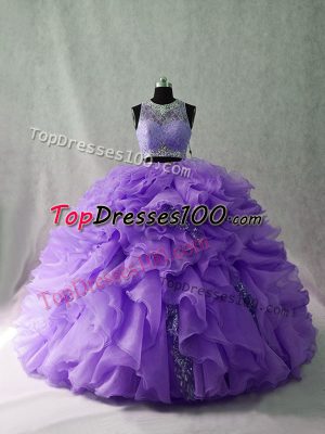 Cute Sleeveless Floor Length Beading and Ruffles Zipper Quinceanera Gown with Lavender Brush Train