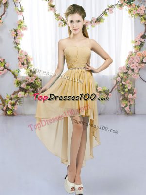 Pretty Gold Sleeveless High Low Beading Lace Up Quinceanera Dama Dress