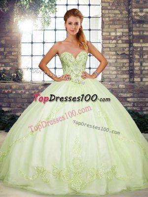 On Sale Yellow Green Tulle Lace Up Sweetheart Sleeveless Floor Length Quince Ball Gowns Beading and Embroidery