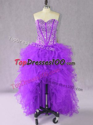 Elegant Beading and Ruffles Formal Evening Gowns Purple Lace Up Sleeveless High Low