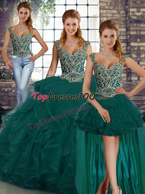 Sweet Tulle Straps Sleeveless Lace Up Beading and Ruffles Quinceanera Dresses in Peacock Green