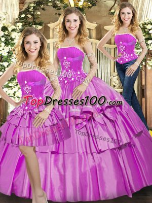 Fantastic Lilac Lace Up Strapless Beading and Ruffled Layers Quinceanera Gown Taffeta Sleeveless